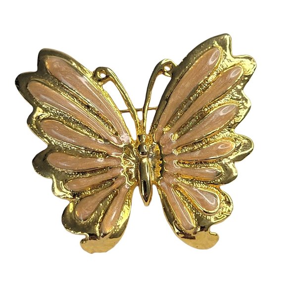 AAI Peach Enamel Butterfly Brooch Pin Gold Tone Iridescent Vintage 1 3/4" - Picture 1 of 8